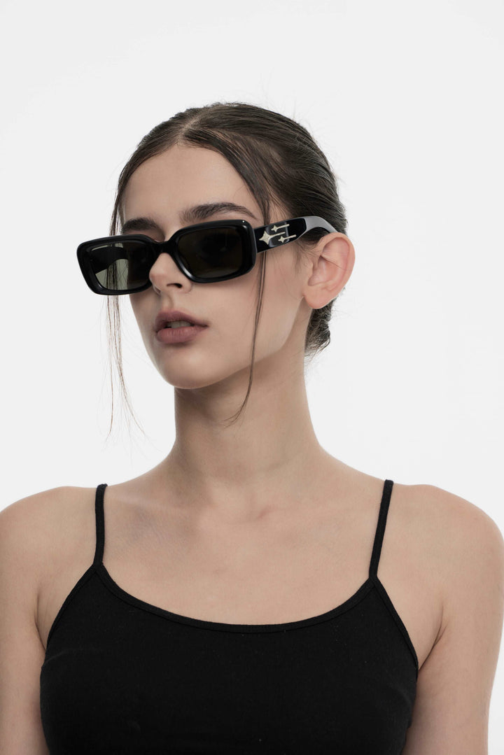 Model wearing Sextans in black square Designer Sunglasses from Mercury Retrograde Galaxy Collection 