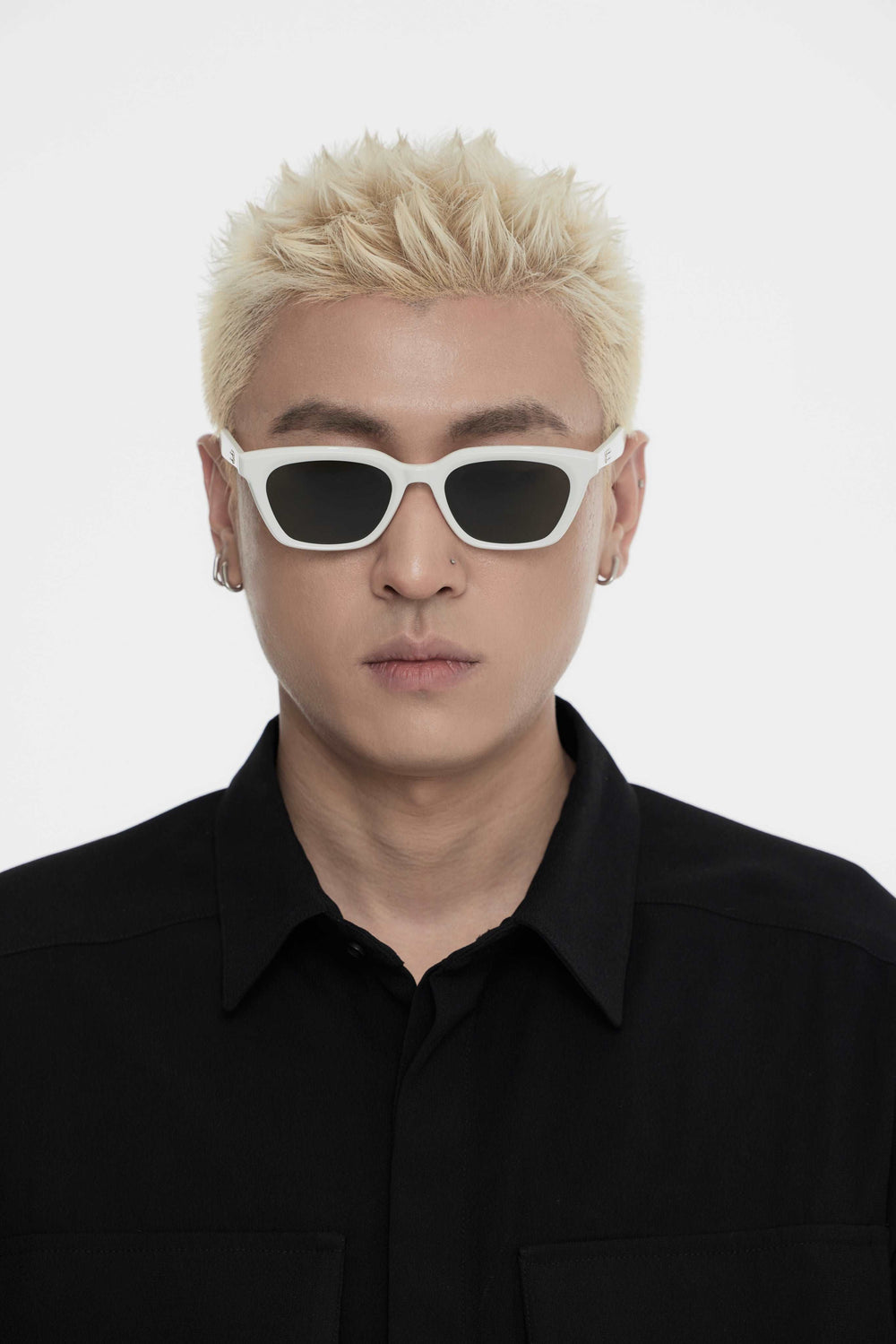Male Model of his front face wearing Shadow in white square stylish sunglasses from Mercury Retrograde Burr Puzzle Collection 