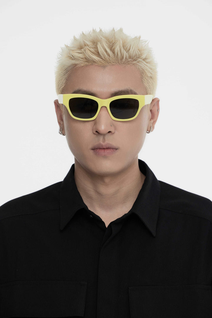 Male Model of his front face wearing Muse in yellow square High-quality sunglasses from Mercury Retrograde Daydream Collection 