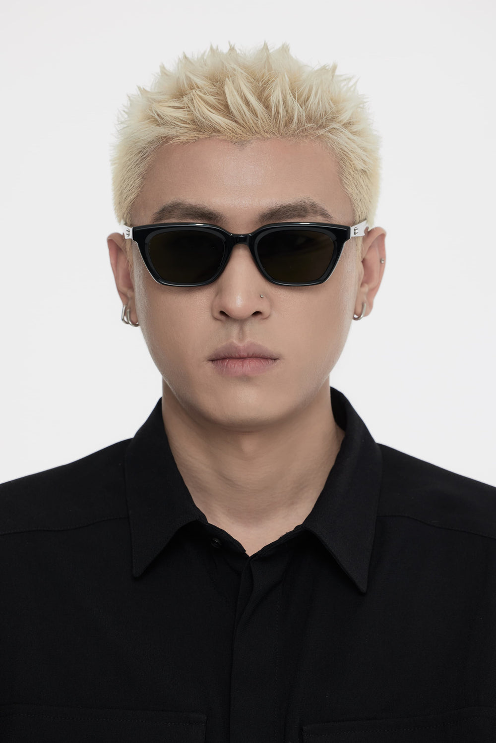 Male Model of his front face wearing Shadow in black square fashion sunglasses from Mercury Retrograde Burr Puzzle Collection 