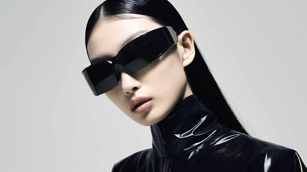 A stylish woman wearing mercury retrograde sunglasses and a sleek black leather jacket exudes confidence and fashion-forwardness.