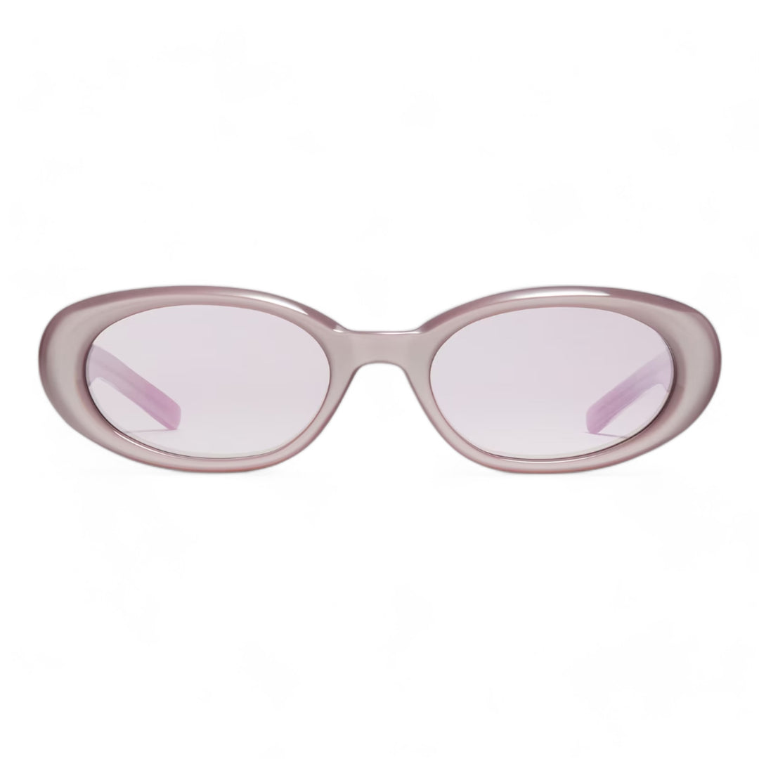 Front of sunglasses with oval shape and purple frame