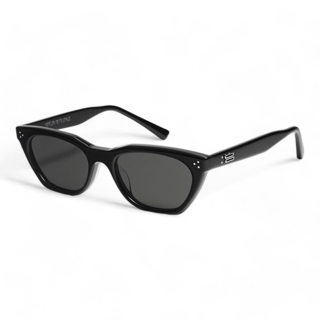 Side perspective of Cat-eye sunglasses in black from Mercury Retrograde