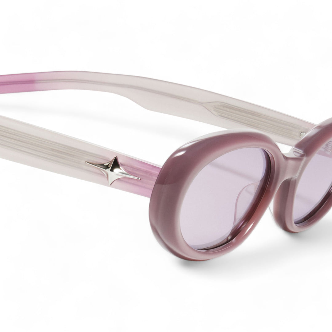 Close-up of Crux in purple round Sunglasses lenses, high-quality eyewear by Mercury Retrograde Galaxy Collection