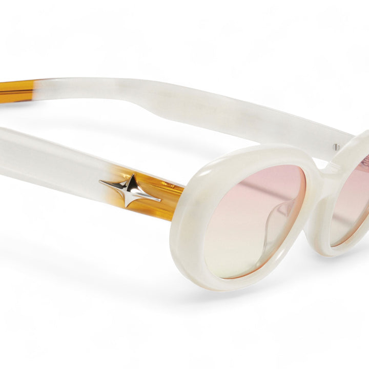 Close-up of Crux in white round Sunglasses lenses, high-quality eyewear by Mercury Retrograde Galaxy Collection