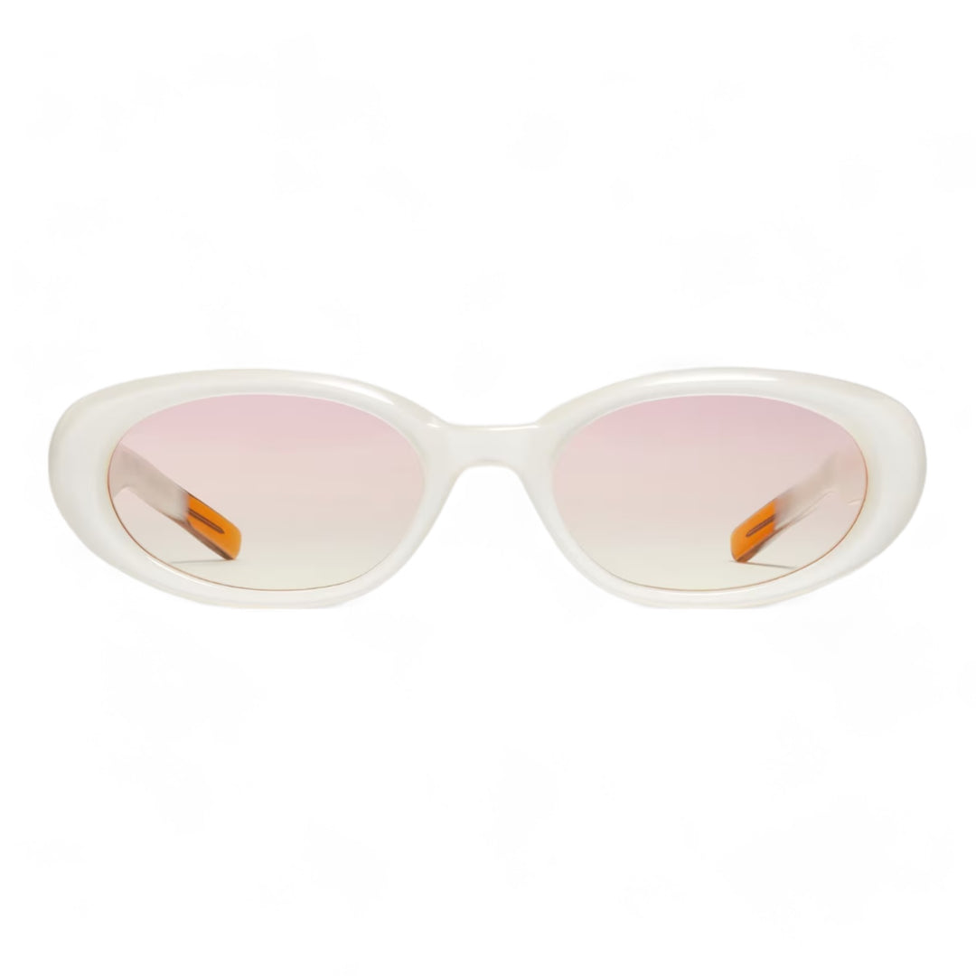 Front of Crux sunglasses by Mercury Retrograde with oval Fram, clear pink lense