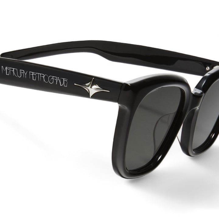 Close-up of Cygnus in black round Sunglasses lenses, high-quality eyewear by Mercury Retrograde Galaxy Collection