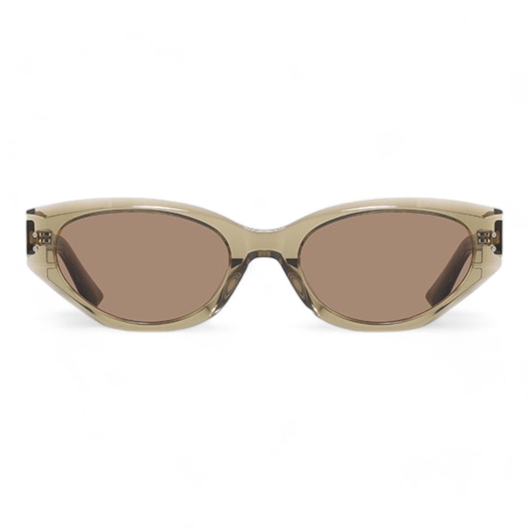 Positive perspective of Symphony in khaki cat-eye Sunglasses lenses, high-quality eyewear by Mercury Retrograde Burr Puzzle Collection