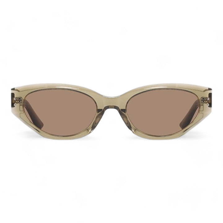 Positive perspective of Symphony in khaki cat-eye Sunglasses lenses, high-quality eyewear by Mercury Retrograde Burr Puzzle Collection