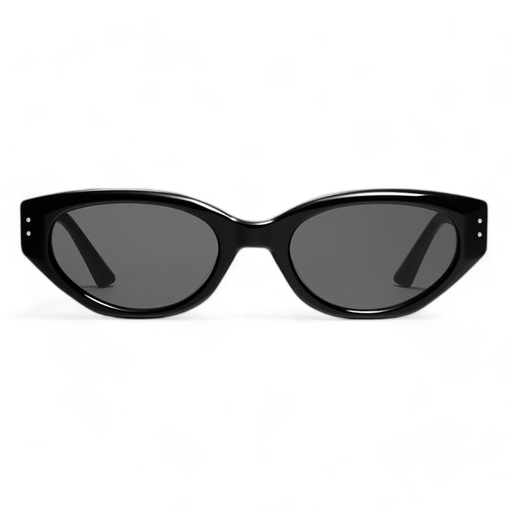 Positive perspective of Symphony in black cat-eye Sunglasses lenses, high-quality eyewear by Mercury Retrograde Burr Puzzle Collection