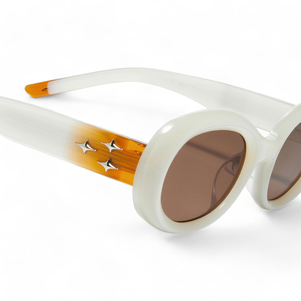 Close-up of Triangulum in white round Sunglasses lenses, high-quality eyewear by Mercury Retrograde Galaxy Collection