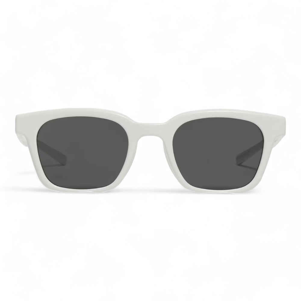 positive perspective of bubblegum sunglasses with square Frame from mercury retrograde eyewear with white color